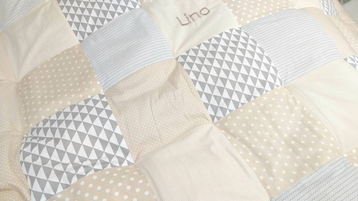 3-4cm dicke Krabbeldecke - Patchwork - DECKE - Babydecke - beige/weiß - mit Namen *100×100cm *120x120cm *140×140cm
