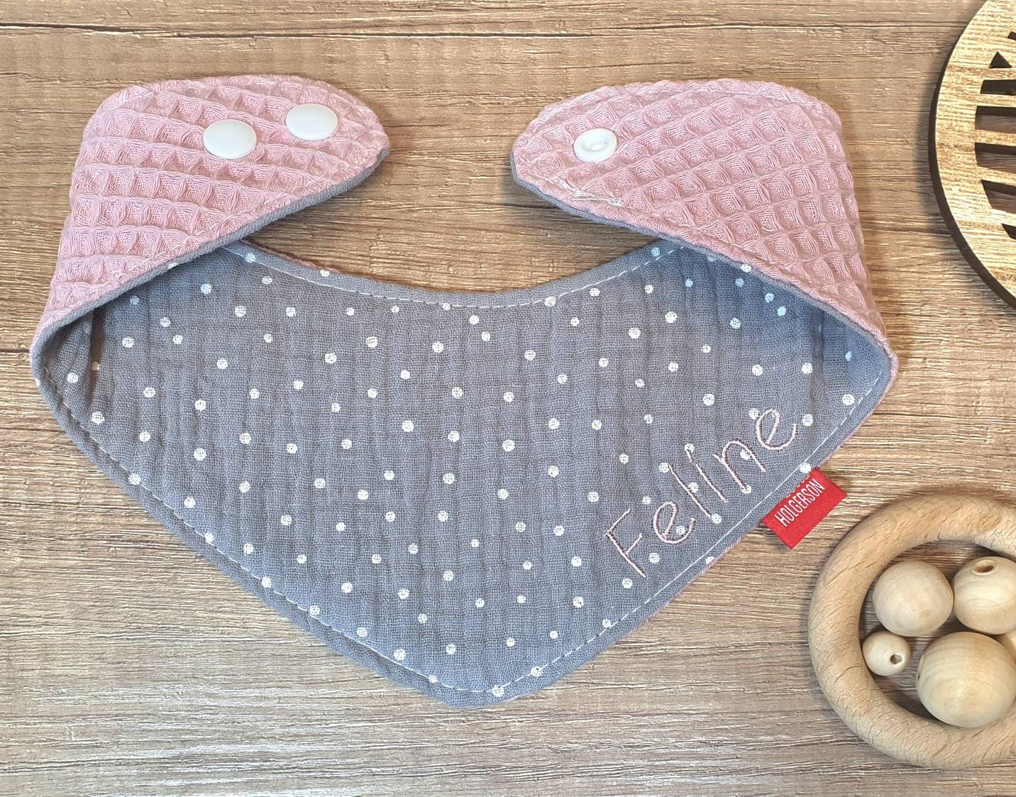 HALSTUCH, DREIECKSTUCH aus Waffelstoff / Musselin Wende-Halstuch, Sabbertuch für Baby & Kleinkind - personalisierbar mit NAMEN altrosa grau