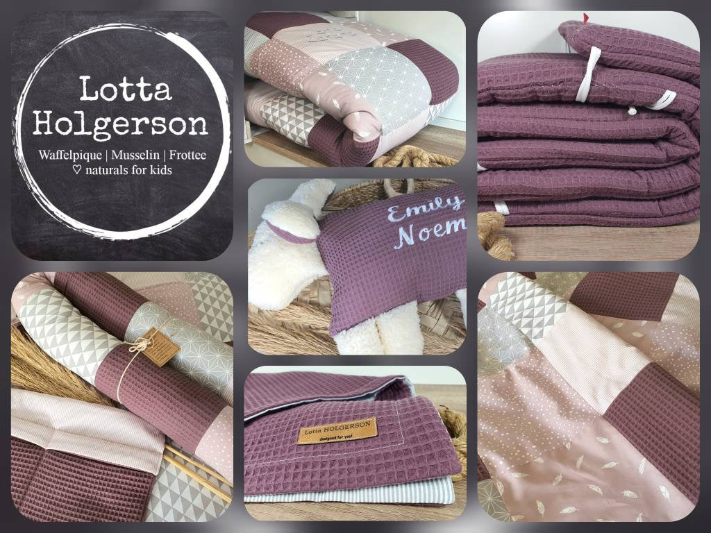 3-4cm dicke Krabbeldecke - Patchwork - Waffelstoff Decke - Babydecke - Federn altrosa/grau/weiß - mit Namen
