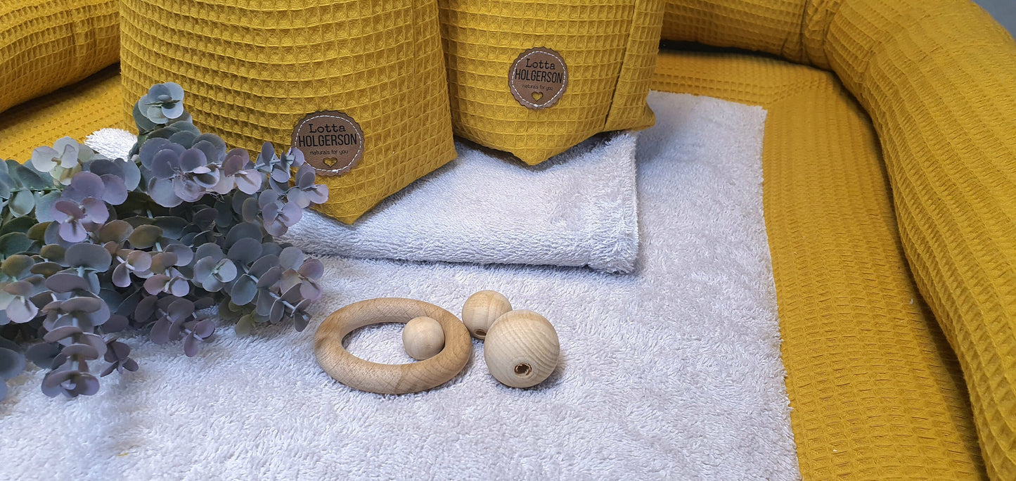 Set WICKELAUFLAGE inkl. Wickeltischrolle, wasserdichter Wickelunterlage, 2er Set Utensilos - Waffelpique Senf gelb Frottee Beige