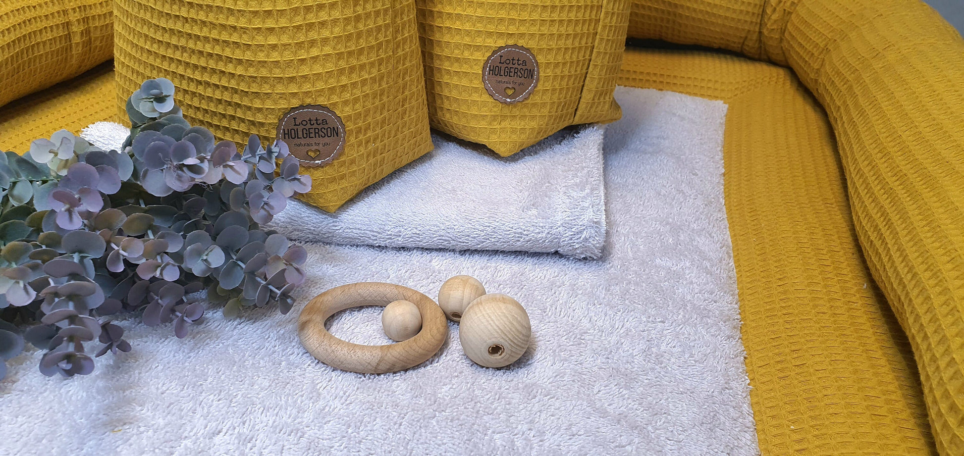 Set WICKELAUFLAGE inkl. Wickeltischrolle, wasserdichter Wickelunterlage, 2er Set Utensilos - Waffelpique Senf gelb Frottee Beige