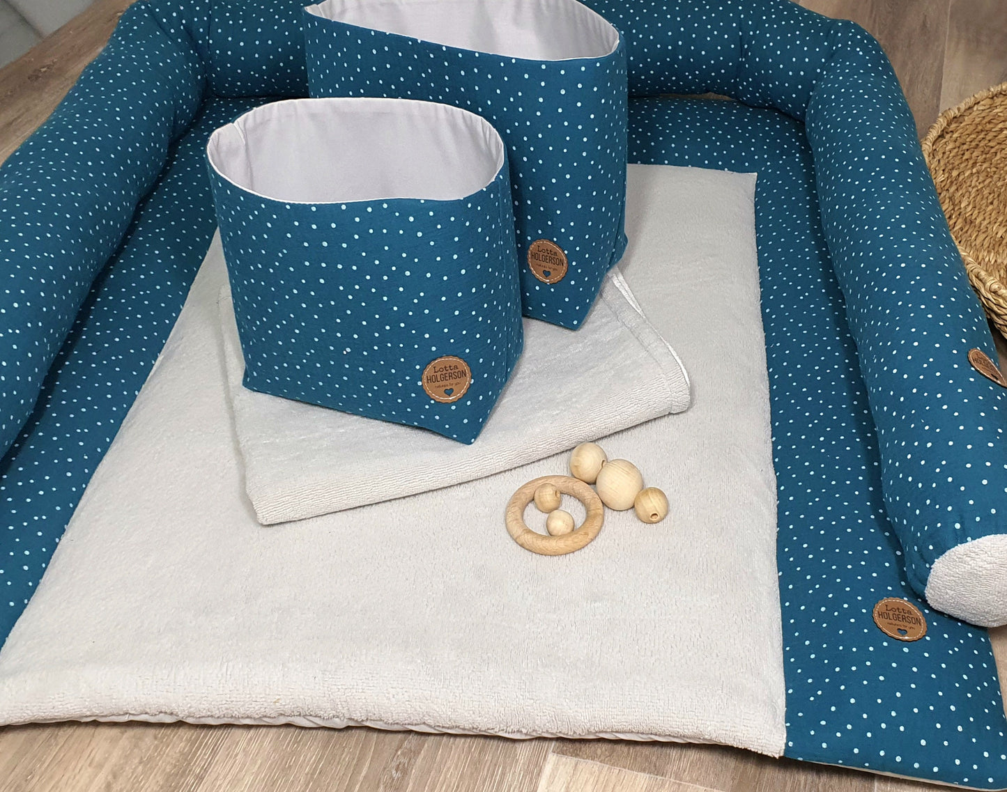 Set Wickelauflage inkl. Wickeltischrolle, wasserdichte Wickelunterlage, 2er Set Utensilos Musselin aqua petrol flauschiger Frottee hellgrau