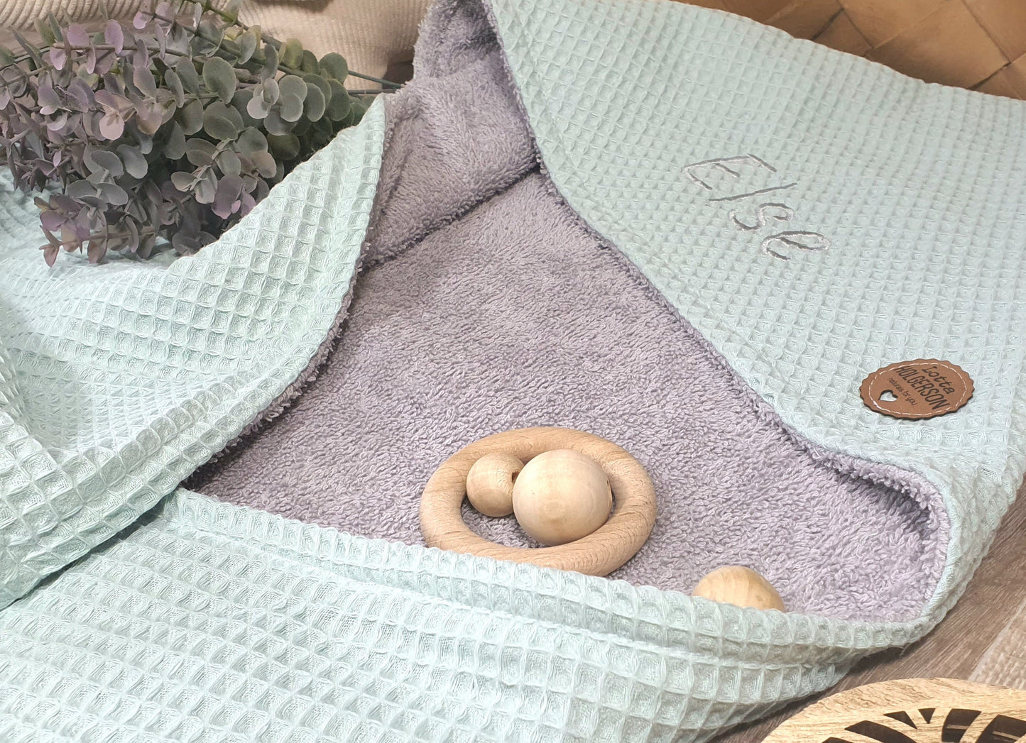 KAPUZENHANDTUCH - BADEPONCHO - Baby - Handtuch - mit Namen - Waffelstoff DUSTYMINT Frottee grau
