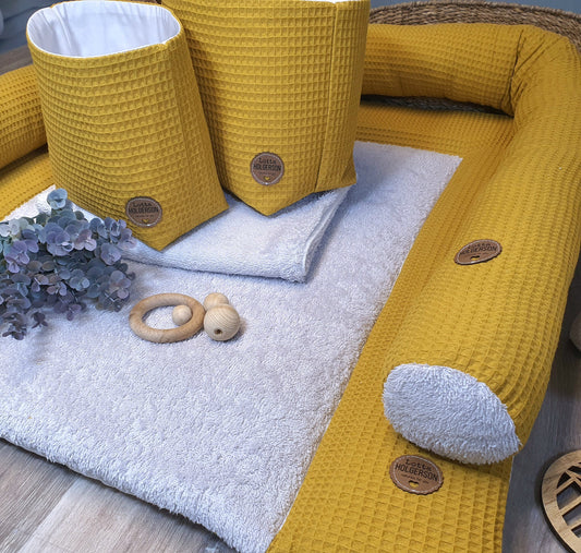 Set WICKELAUFLAGE inkl. Wickeltischrolle, wasserdichter Wickelunterlage, 2er Set Utensilos - Waffelpique Senf gelb Frottee Beige