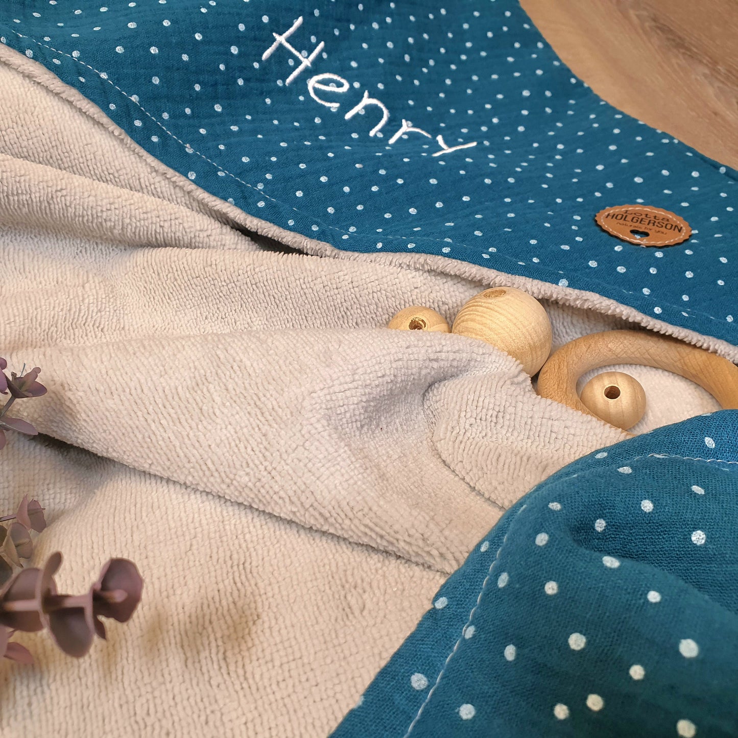 KAPUZENHANDTUCH - BADEPONCHO - Baby - Handtuch - mit Namen - MUSSELIN Tupfen Aqua-Petrol und flauschiger Bamboo Frottee hellgrau