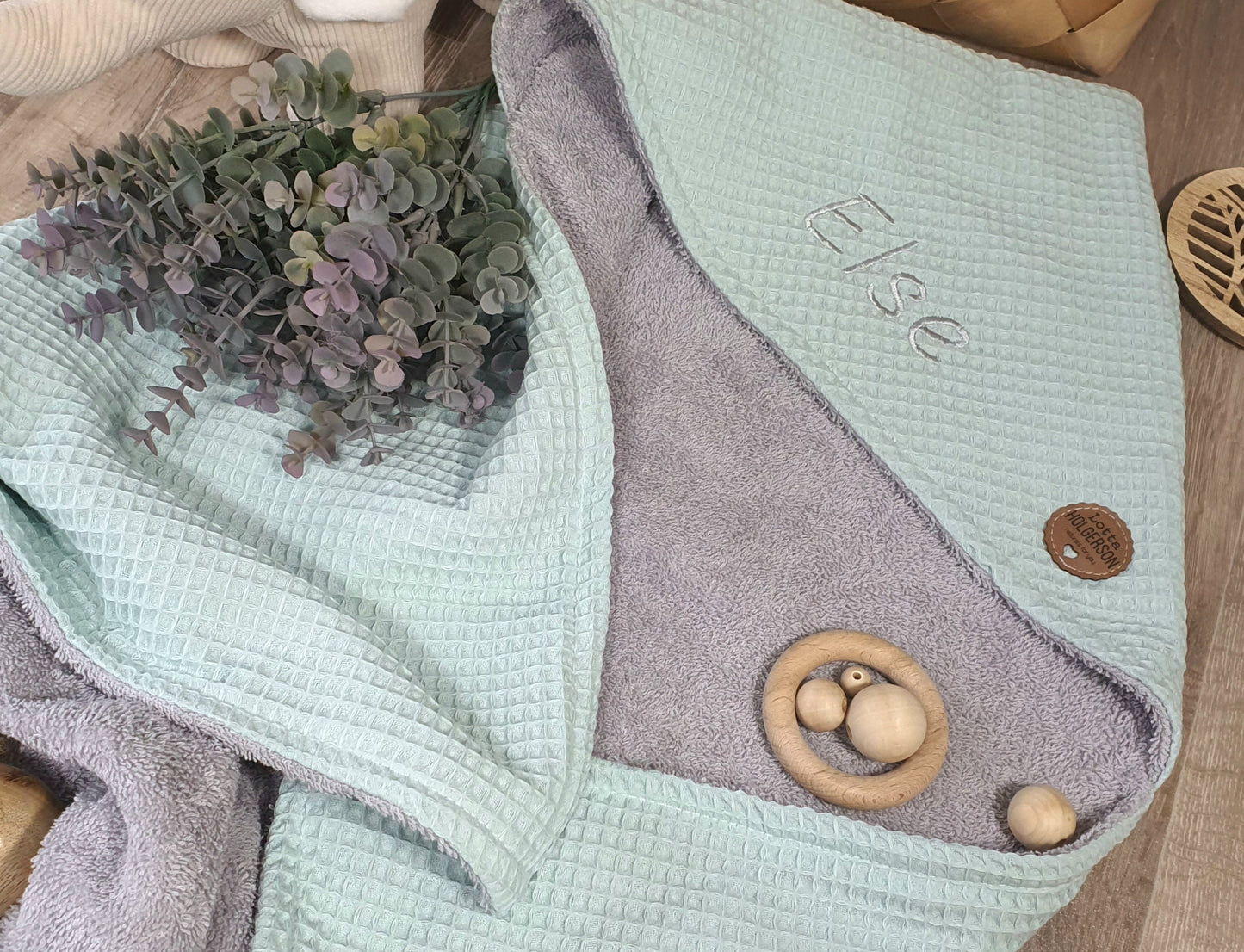 KAPUZENHANDTUCH - BADEPONCHO - Baby - Handtuch - mit Namen - Waffelstoff DUSTYMINT Frottee grau