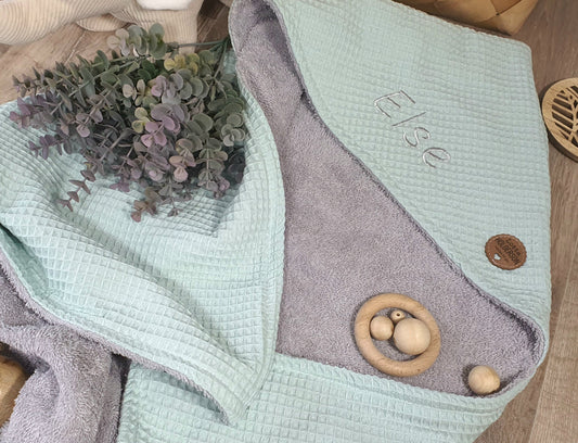 KAPUZENHANDTUCH - BADEPONCHO - Baby - Handtuch - mit Namen - Waffelstoff DUSTYMINT Frottee grau