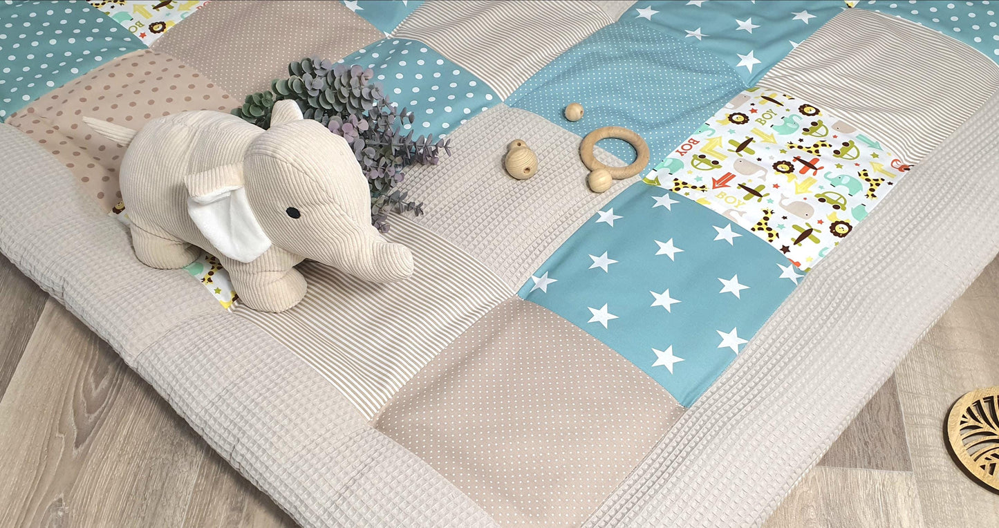 3-4cm dicke Krabbeldecke - Patchwork - Waffelstoff Decke - Babydecke - mit Namen Autos Tiere Elefant Löwe mint türkis beige
