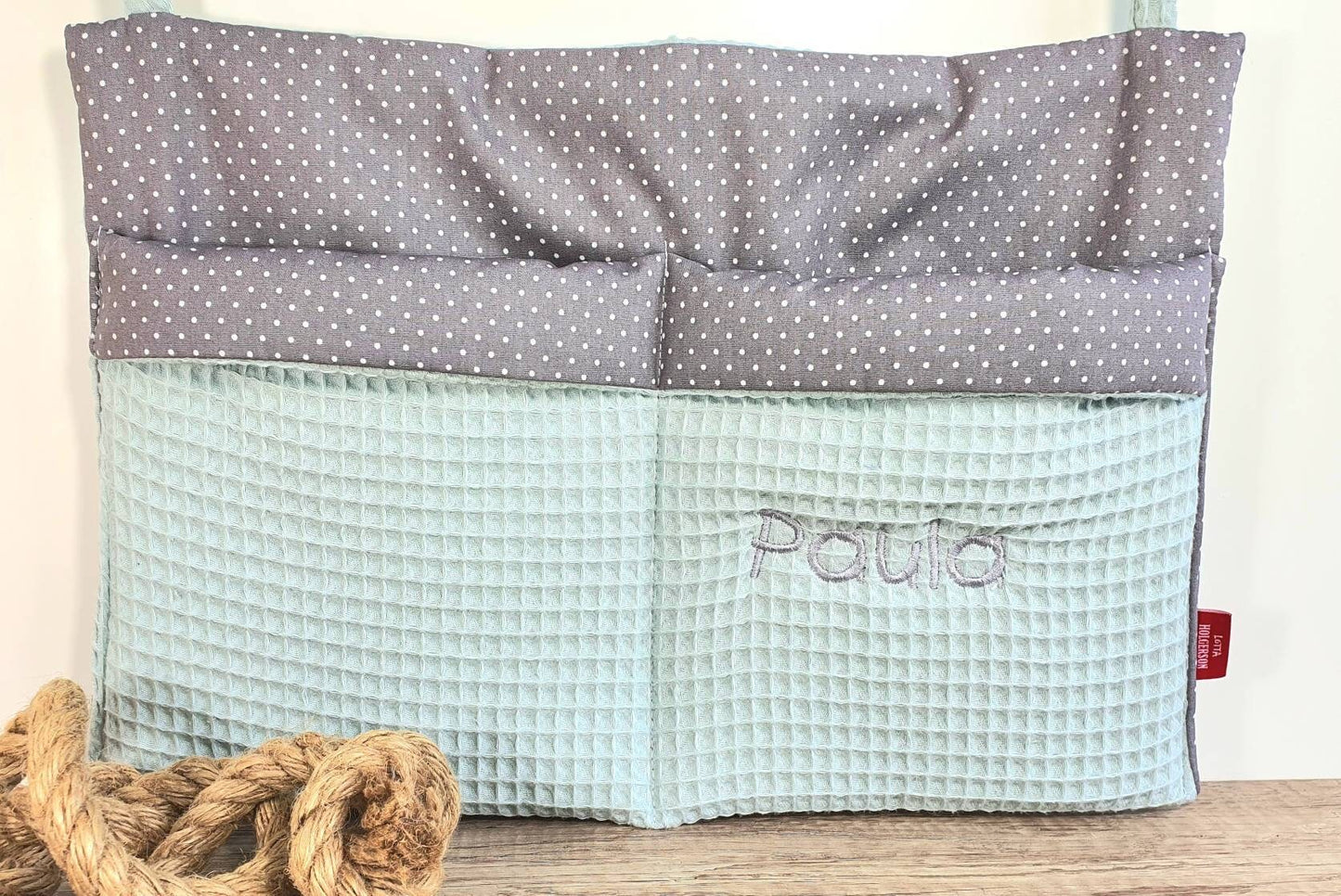 BETTUTENSILO aus Waffelstoff - praktische BETTTASCHE - WANDUNTENSILO - Utensilo für Wickeltisch - Babybett und Laufstall Organizer mint/grau
