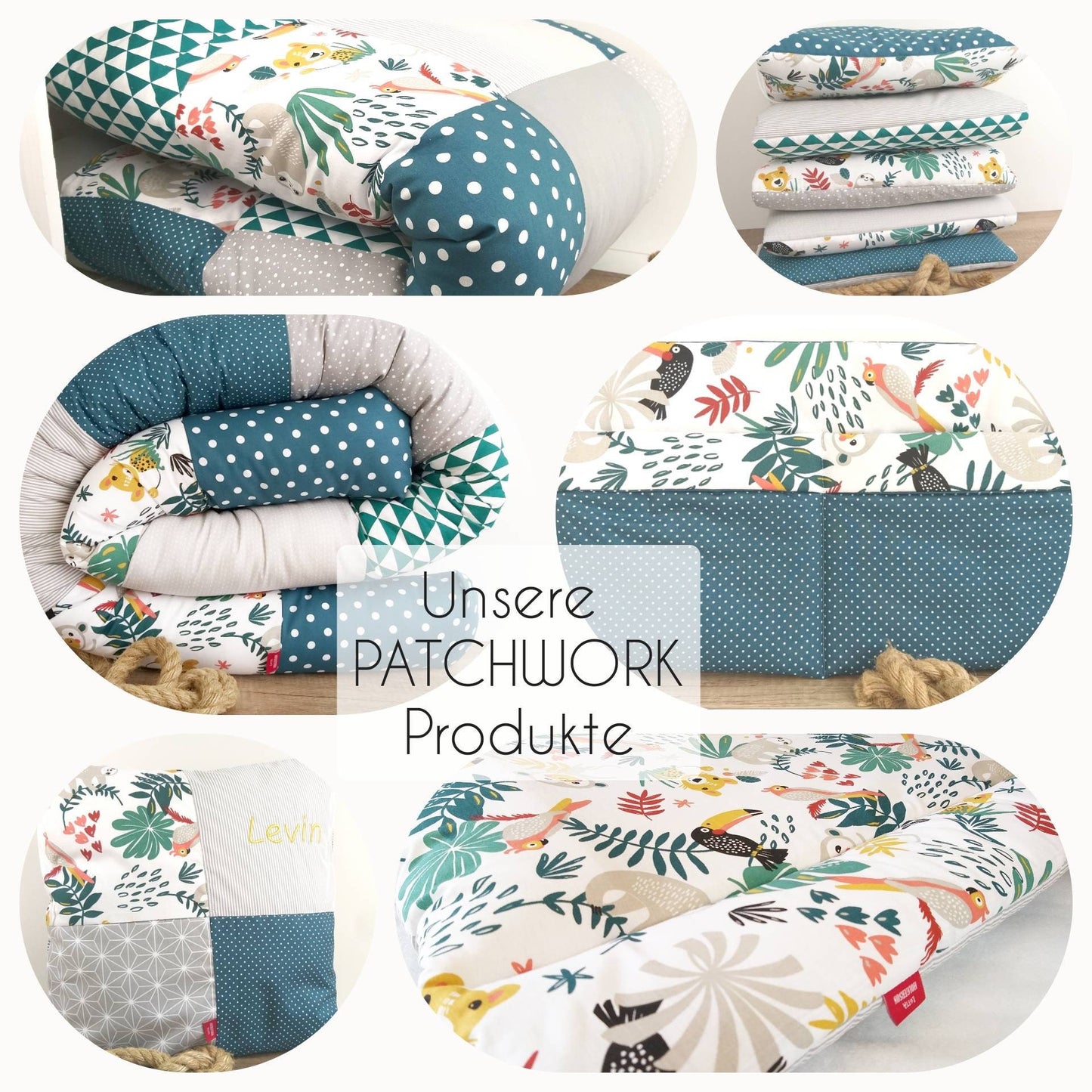 Krabbeldecke - Patchwork - Decke - Babydecke - Mint/Grau/Weiß - 3-4cm dick - mit Namensstickerei - ANKER dunkelblau / senf gelb / grau