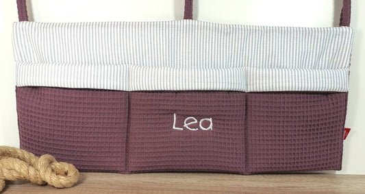 Waffelpique - WANDUTENSILO - Organizer für Wickeltisch, Babybett, Laufstall mauve Streifen hellgrau