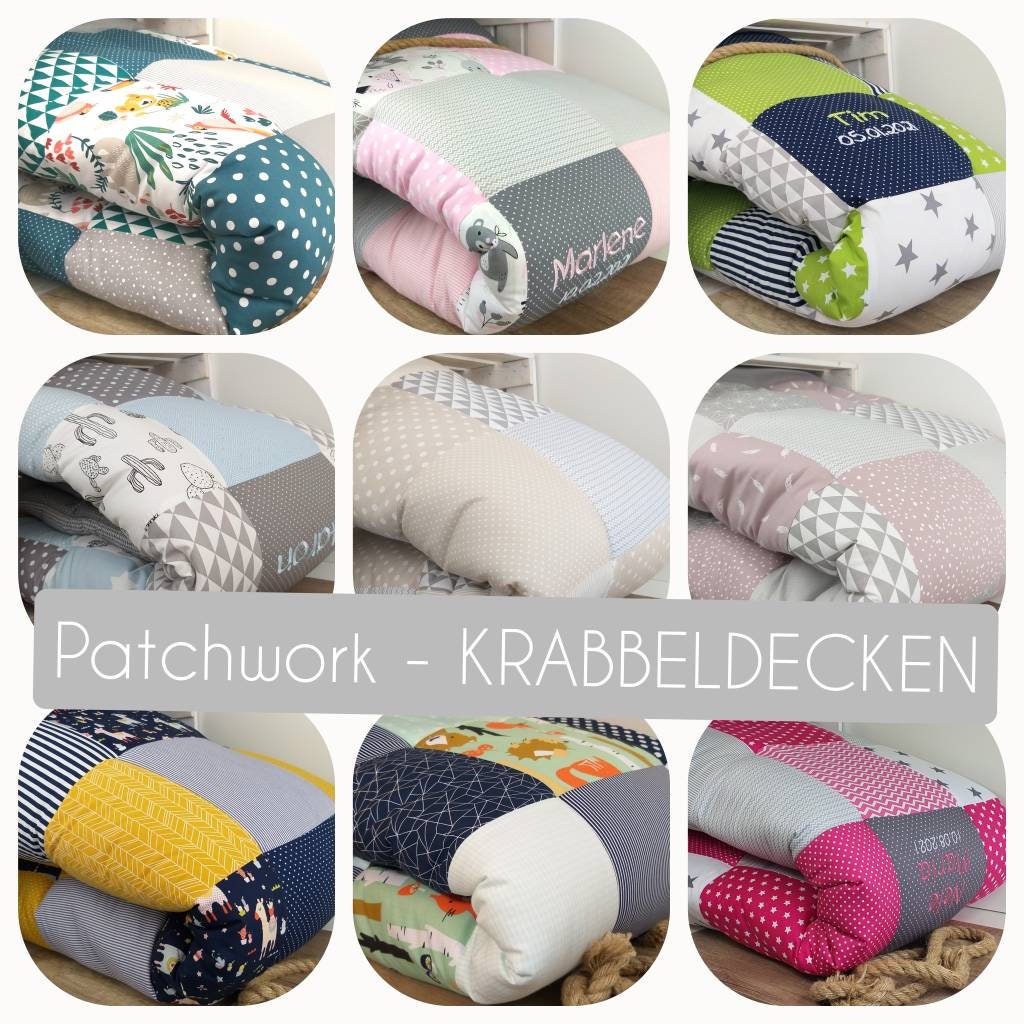 Krabbeldecke - Patchwork - Decke - Babydecke - WALDTIERE dunkelblau / mint / weiß - 3-4cm dick - mit Namen - 100x100cm - 120x120cm