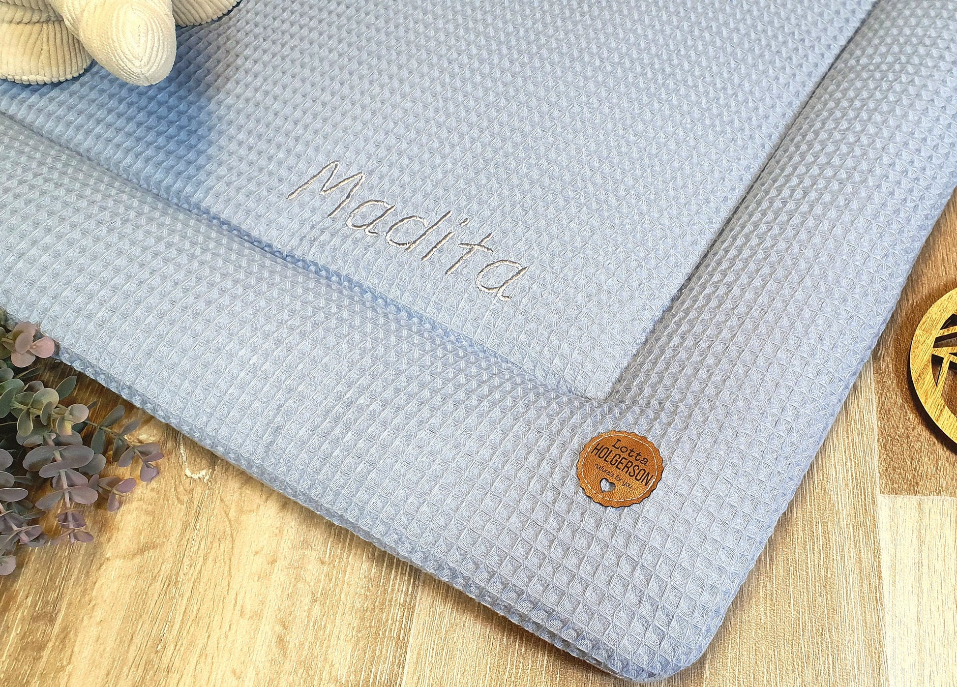 Waffelpique Krabbeldecke Laufstalleinlage Babydecke 3-4cm dick personalisierbar mit Namen DUSTYBLUE
