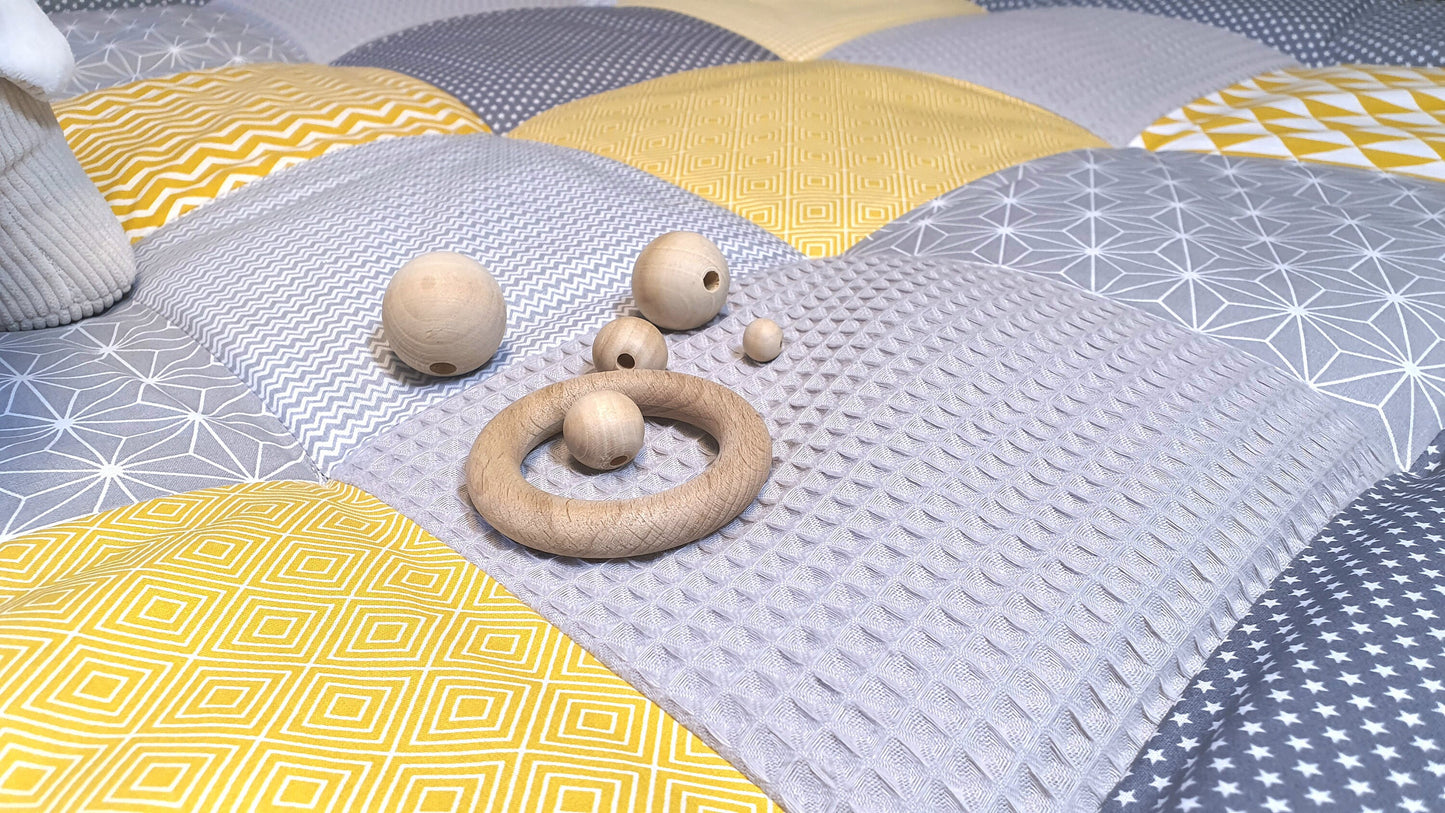 3-4cm dicke Krabbeldecke - Patchwork - Waffelstoff Decke - Babydecke - mit Namen - GEO senf gelb grau