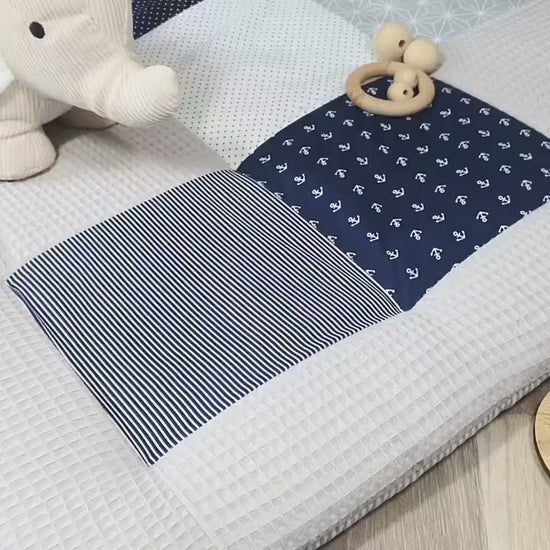 3-4cm dicke Krabbeldecke - Patchwork - Waffelstoff Decke - Babydecke - Anker dunkelblau/hellgrau/weiß -  mit Namen
