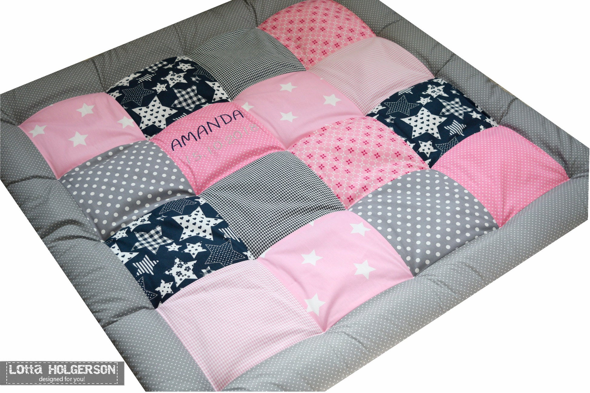 KRABBELDECKE - PATCHWORK - DECKE - Babydecke - Rosa/Dunkelblau/Grau/Weiß - personalisierbar mit Namen / Datum / Uhrzeit / Größe / Gewicht