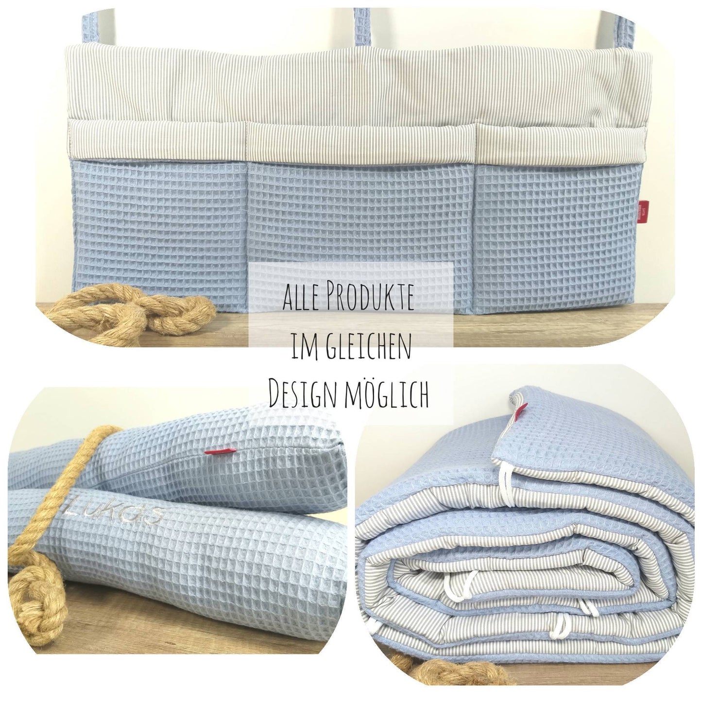 BETTUTENSILO aus Waffelstoff - praktische BETTTASCHE - WANDUNTENSILO - Utensilo für Wickeltisch - Babybett - Laufstall - Organizer jeansblau