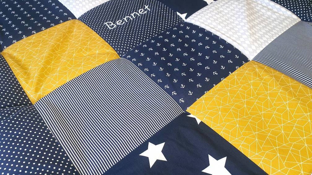 KRABBELDECKE - PATCHWORK - Decke - Babydecke - Mint/Grau/Weiß - personalisierbar mit Namensstickerei - ANKER dunkelblau / senf gelb / grau
