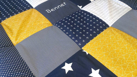 KRABBELDECKE - PATCHWORK - Decke - Babydecke - Mint/Grau/Weiß - personalisierbar mit Namensstickerei - ANKER dunkelblau / senf gelb / grau