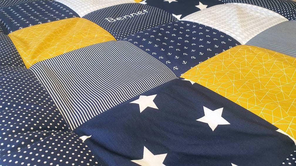 KRABBELDECKE - PATCHWORK - Decke - Babydecke - Mint/Grau/Weiß - personalisierbar mit Namensstickerei - ANKER dunkelblau / senf gelb / grau