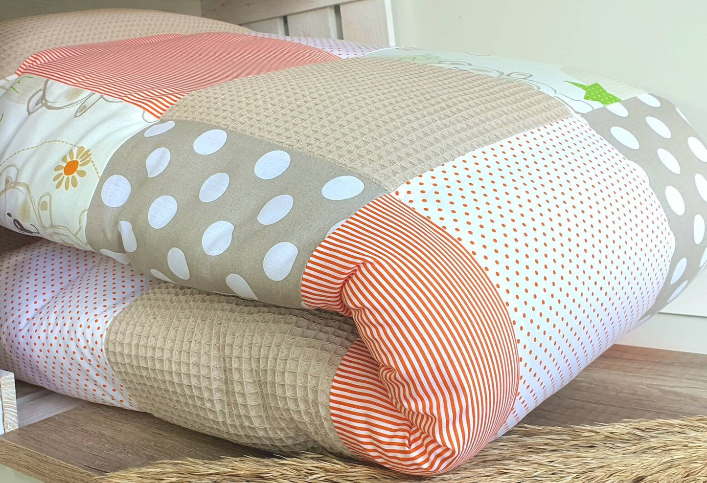 KRABBELDECKE - WAFFELSTOFF- Patchwork - Decke - Babydecke - personalisierbar mit Namen - BÄRCHEN beige | orange | weiß