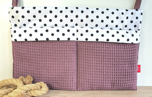 Waffelpique - praktische Betttasche - WANDUTENSILO - Organizer für Wickeltisch, Babybett, Laufstall MAUVE Punkte schwarz weiß
