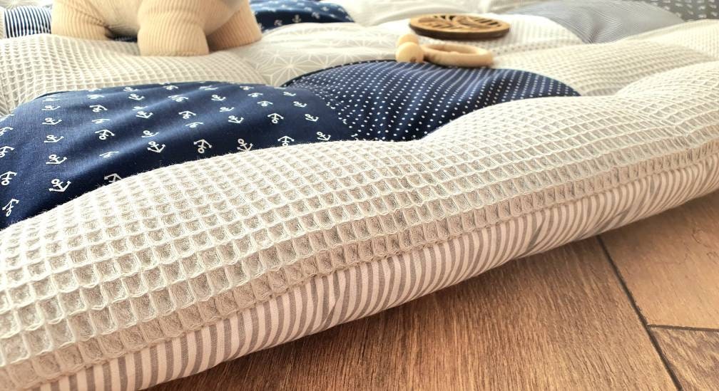 Krabbeldecke - Patchwork - Waffelstoff Decke - Babydecke - Anker dunkelblau/hellgrau/weiß -  mit Namen