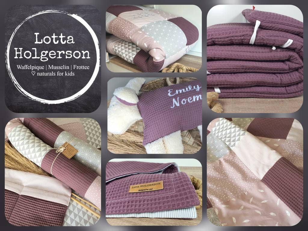 Krabbeldecke - Patchwork - Waffelstoff Decke - Babydecke -  mit Namen WALDTIERE hellblau braun beige