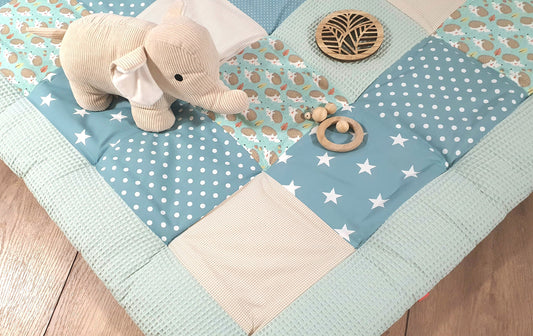 Krabbeldecke - Patchwork - Waffelstoff Decke - Babydecke - Anker mint/beige/weiß -  mit Namen KLEINER IGEL
